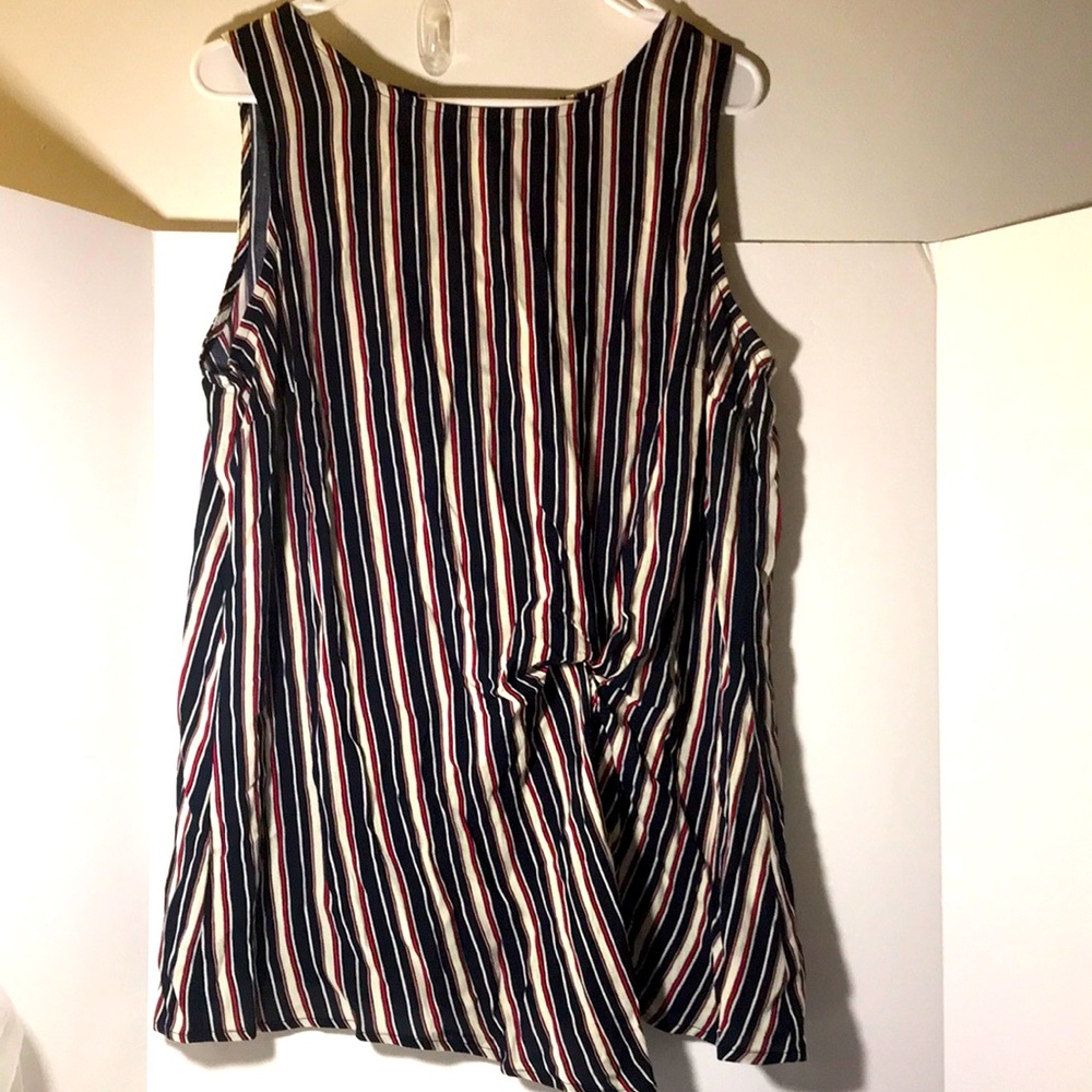 Roz & Ali tank scrunched style size large black striped red cream 100% rayon